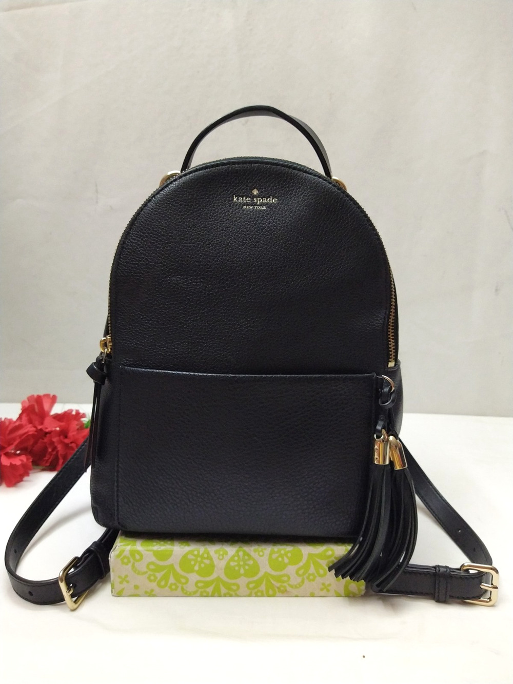 Kate Spade New York Black Leather Zipper Closure Top Handle Tassel Kate Backpac